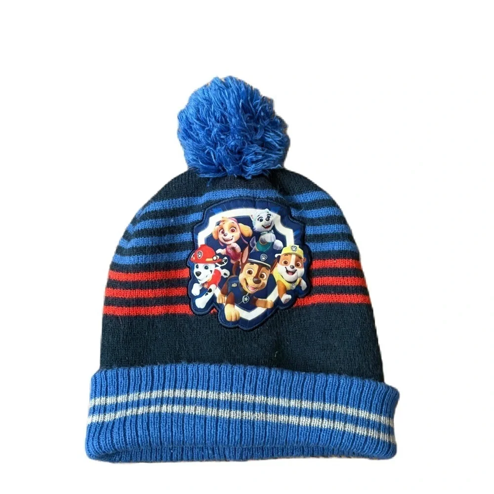 Paw Patrol Striped Beanie Hat Kids Pom Blue Red Chase